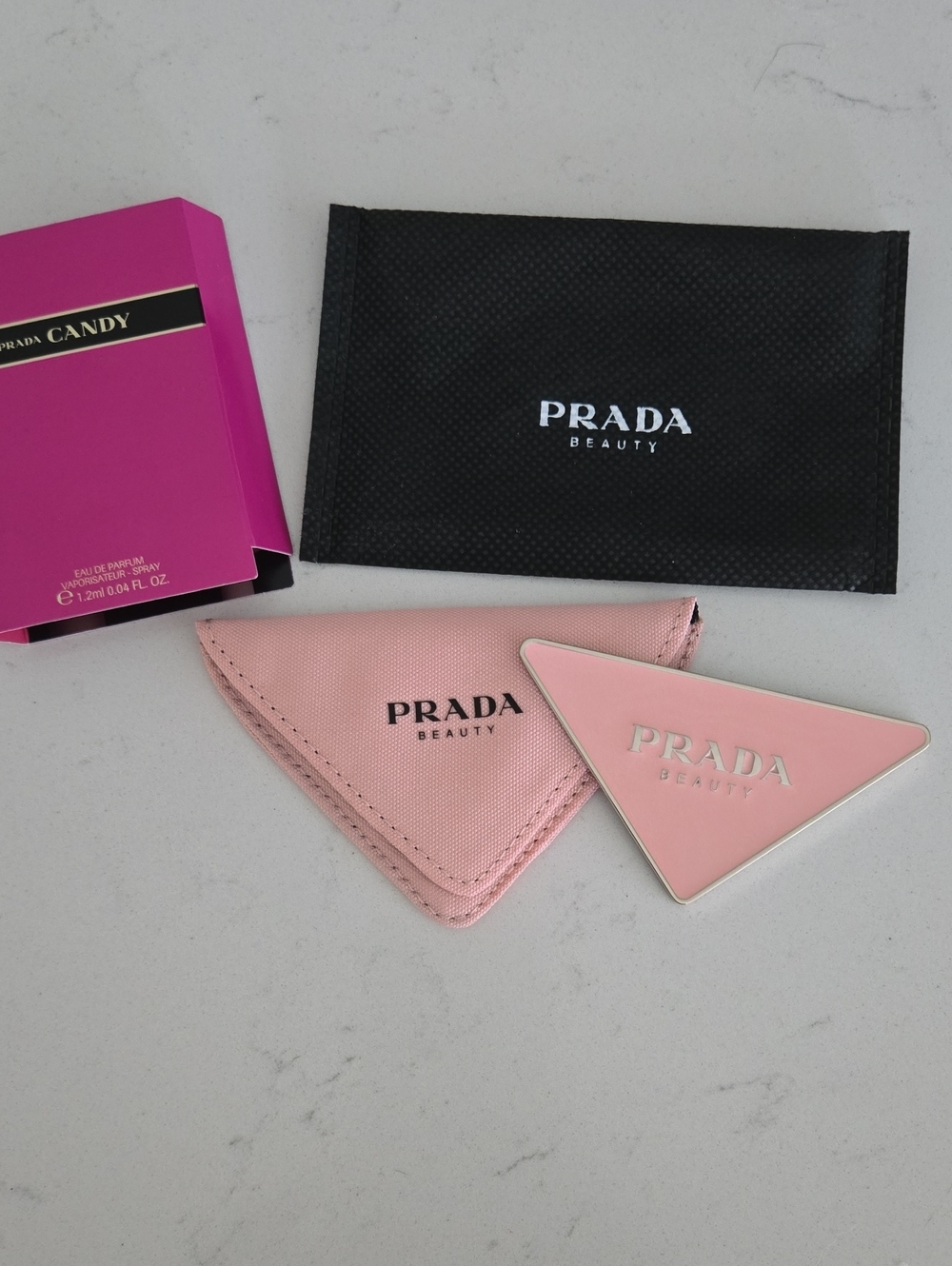New never used Prada mirror & pouch Prada mirror pink & silver Logo Metal
